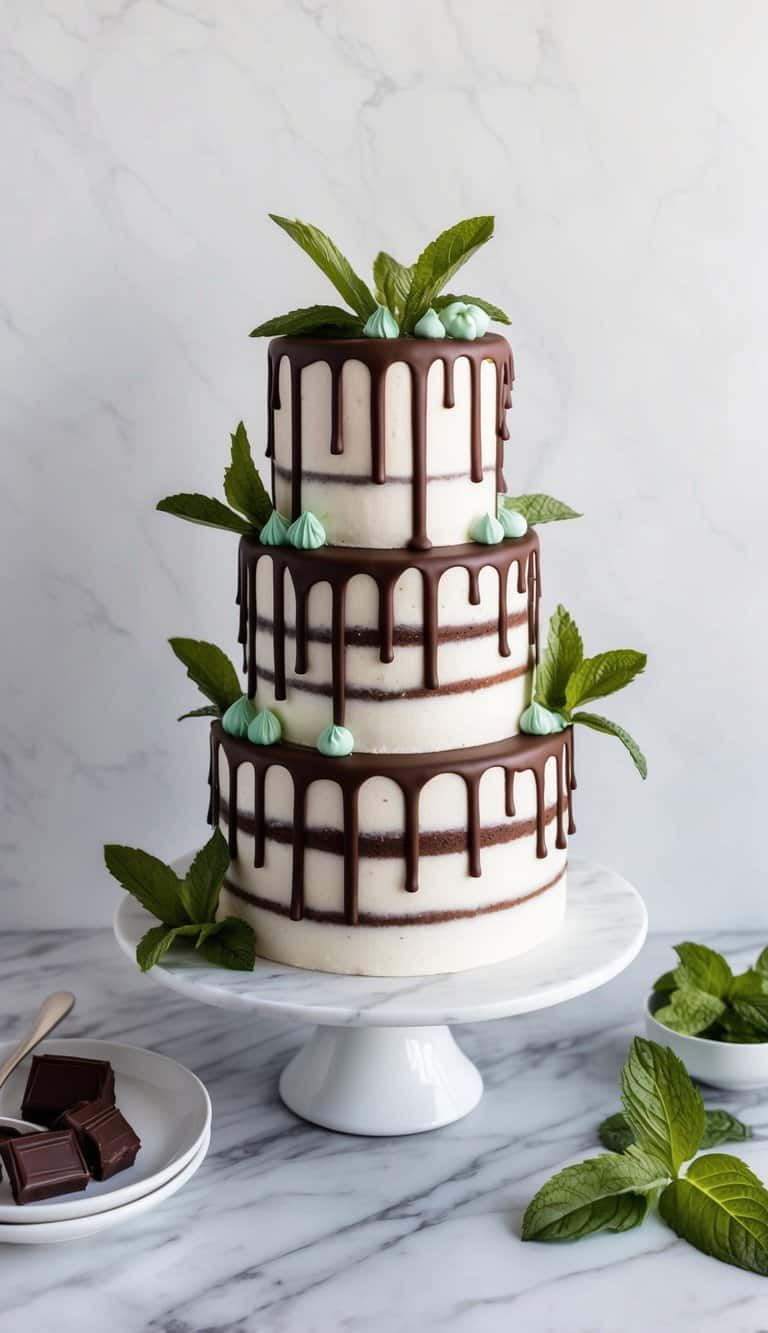 A decadent chocolate mint drip cake sits on a white marble table, adorned with chocolate drips and mint leaves