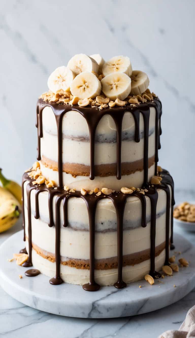 A decadent peanut butter banana drip cake sits atop a marble countertop, adorned with a cascading drizzle of rich chocolate ganache and topped with sliced bananas and crushed peanuts