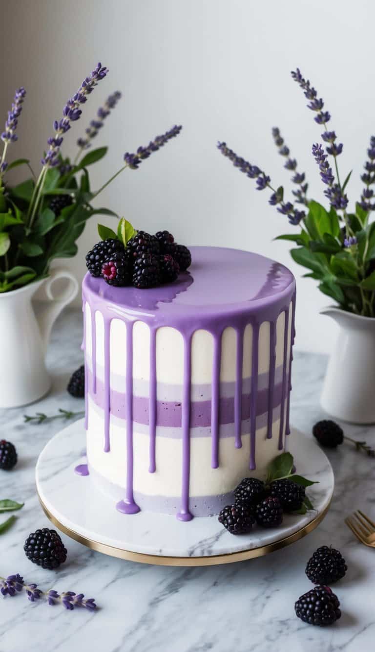 A blackberry lavender drip cake sits on a marble table surrounded by fresh blackberries and sprigs of lavender. A soft, natural light highlights the cake's glossy purple drips