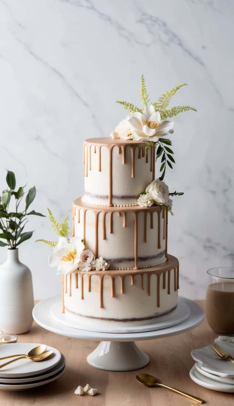 A chai latte drip cake adorned with elegant drip designs and delicate decorations