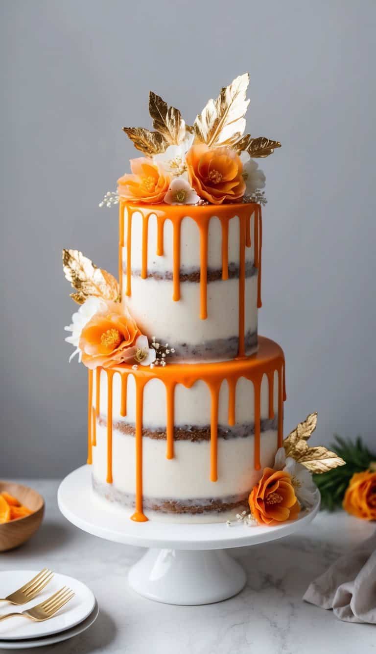 A decadent carrot cake drip cake adorned with vibrant orange drips, topped with delicate edible flowers and gold leaf accents