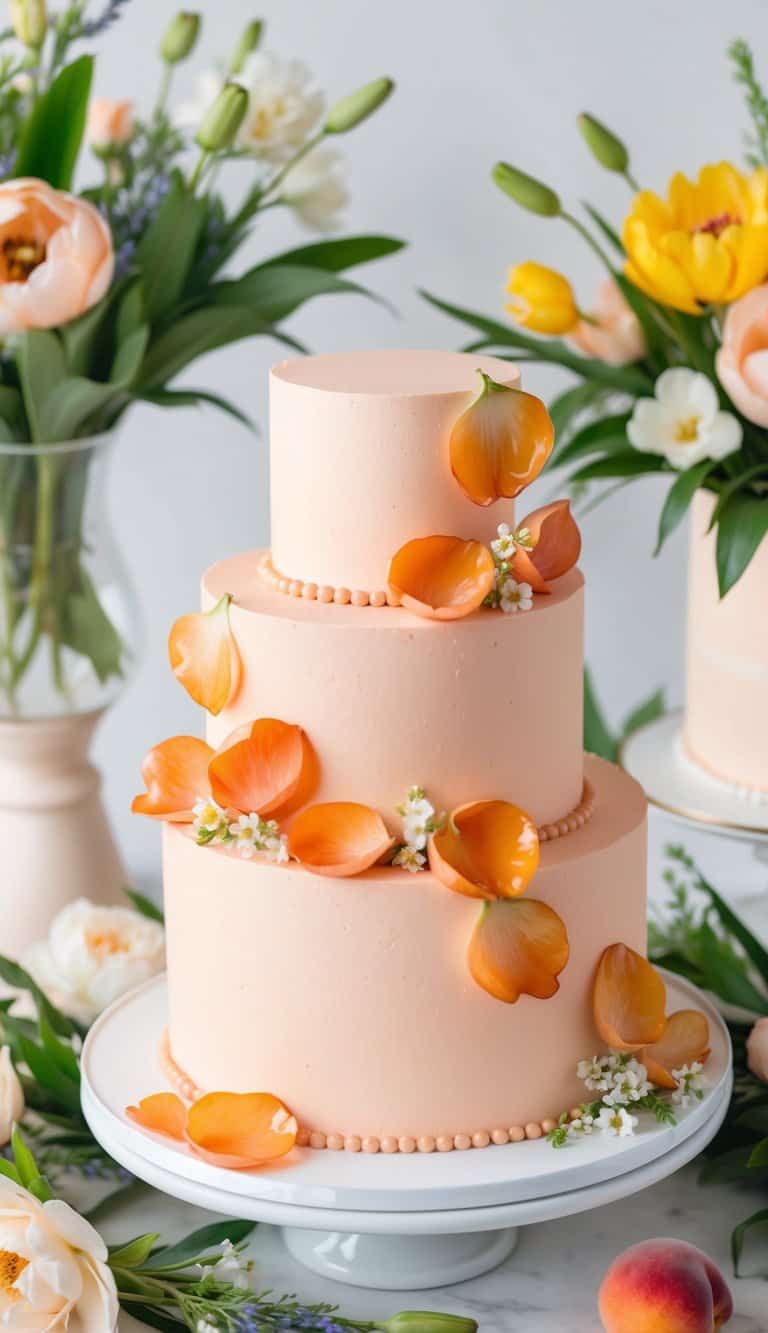 A peach-colored cake adorned with delicate, glazed peach petals, surrounded by vibrant spring flowers and greenery