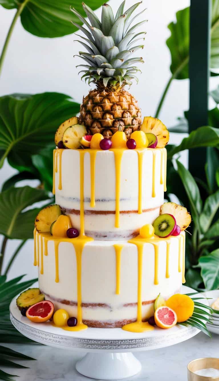 A colorful tropical pineapple drip cake adorned with vibrant fruits and dripping with luscious glaze, set against a backdrop of lush greenery