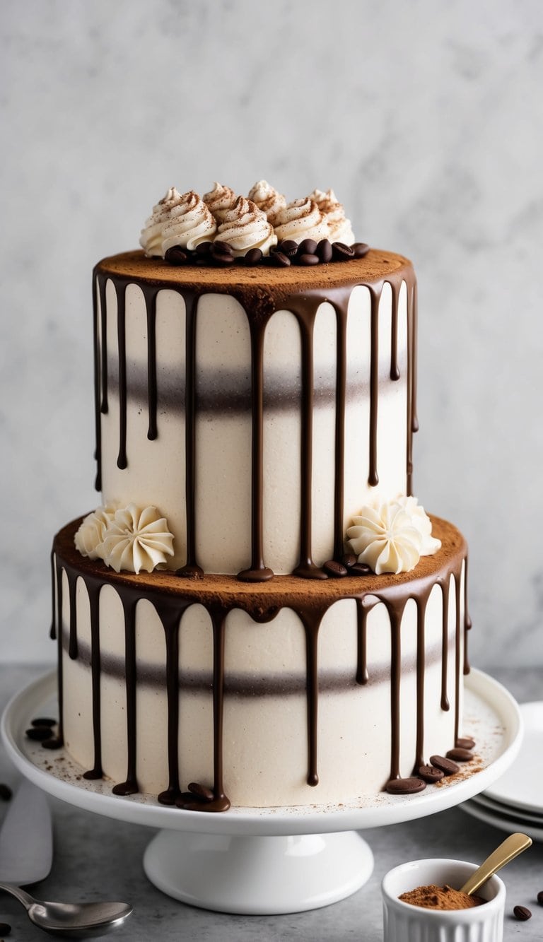 A decadent espresso mocha drip cake with elegant drizzles of chocolate ganache cascading down the sides, topped with a dusting of cocoa powder and espresso beans