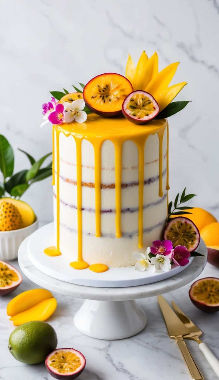 A vibrant mango passionfruit drip cake sits on a white marble table, adorned with fresh fruit and edible flowers, with a backdrop of elegant drip cake designs