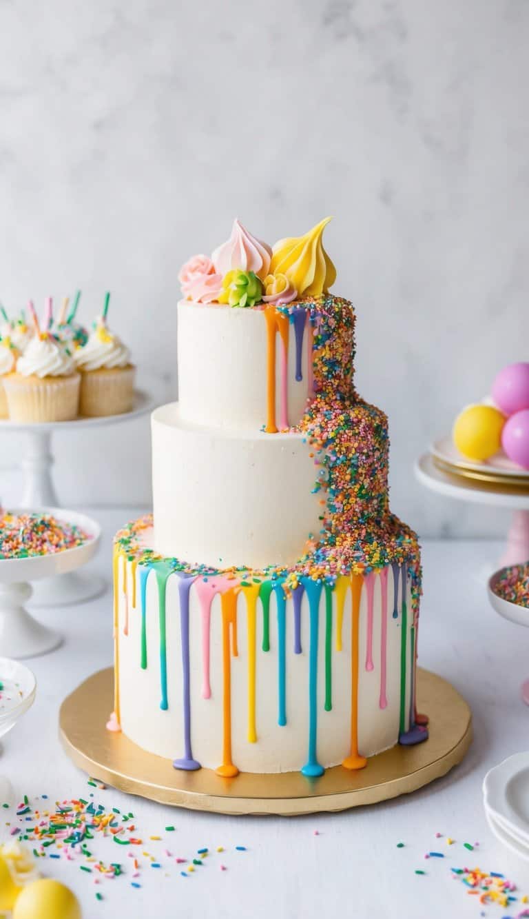 A colorful Funfetti Party Drip Cake with vibrant sprinkles cascading down the sides, adding a touch of elegance to the dessert table