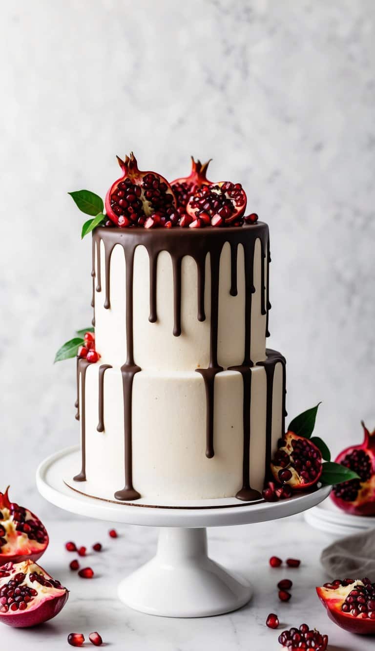 A pomegranate chocolate drip cake with elegant drizzles and vibrant pomegranate seeds on top, set on a white cake stand against a clean, modern backdrop