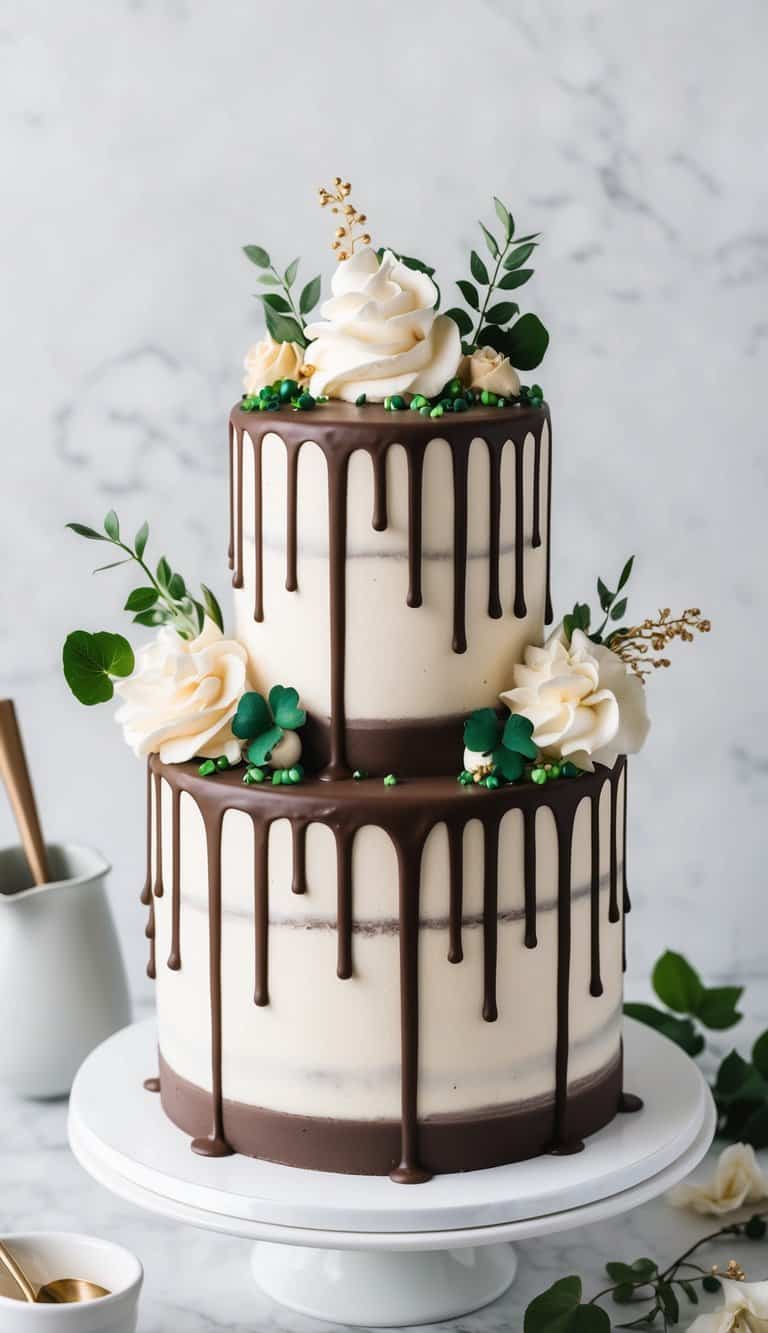 A decadent Irish cream chocolate drip cake adorned with elegant drip designs and decorative elements