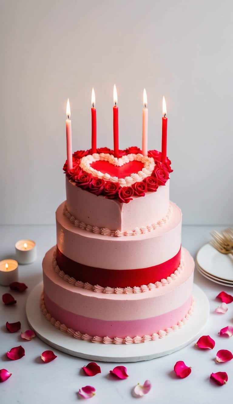 A heart-shaped cake adorned with pink and red frosting, surrounded by scattered rose petals and lit candles
