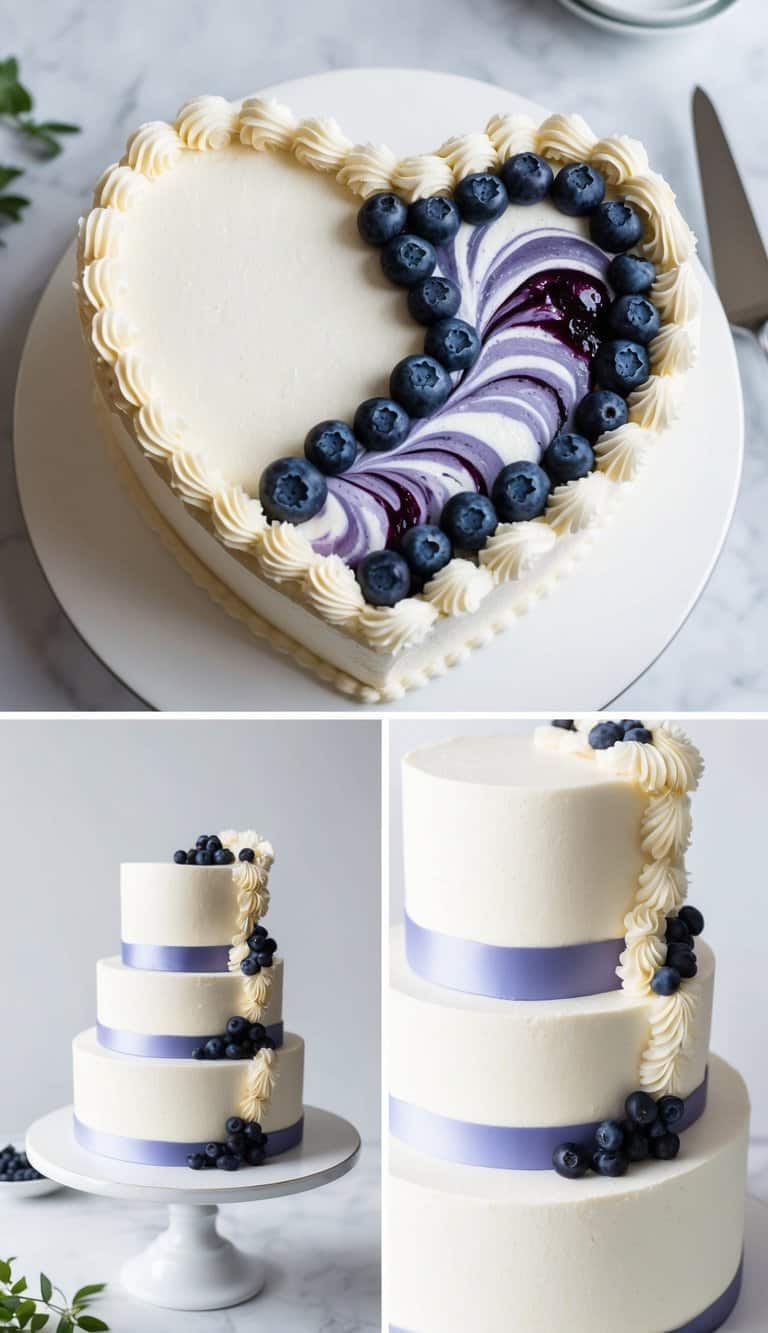 A heart-shaped cake with blueberry swirls and decorative icing