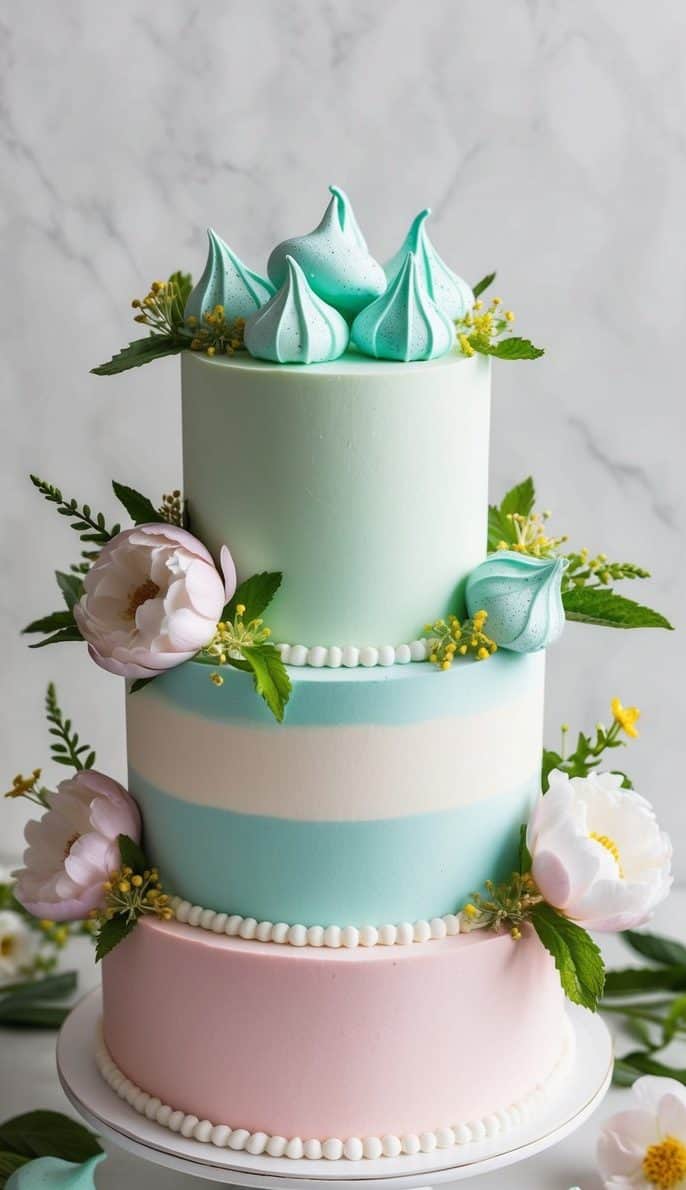 A pastel-colored cake adorned with mint meringue kisses, surrounded by vibrant spring flowers and foliage