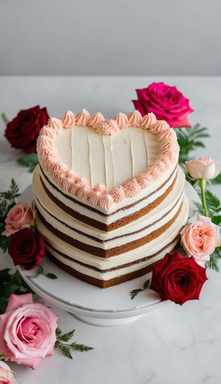 A heart-shaped carrot cream cheese cake surrounded by pink and red roses, with delicate frosting details and a romantic atmosphere