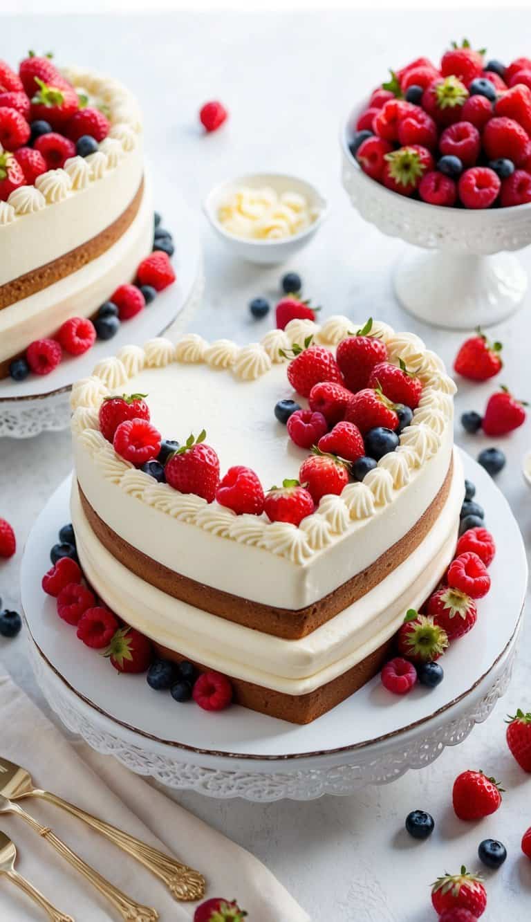 A heart-shaped cake surrounded by fresh berries on a festive table setting