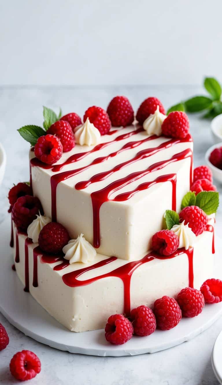 A heart-shaped white chocolate raspberry cake surrounded by fresh raspberries and drizzled with a glossy glaze