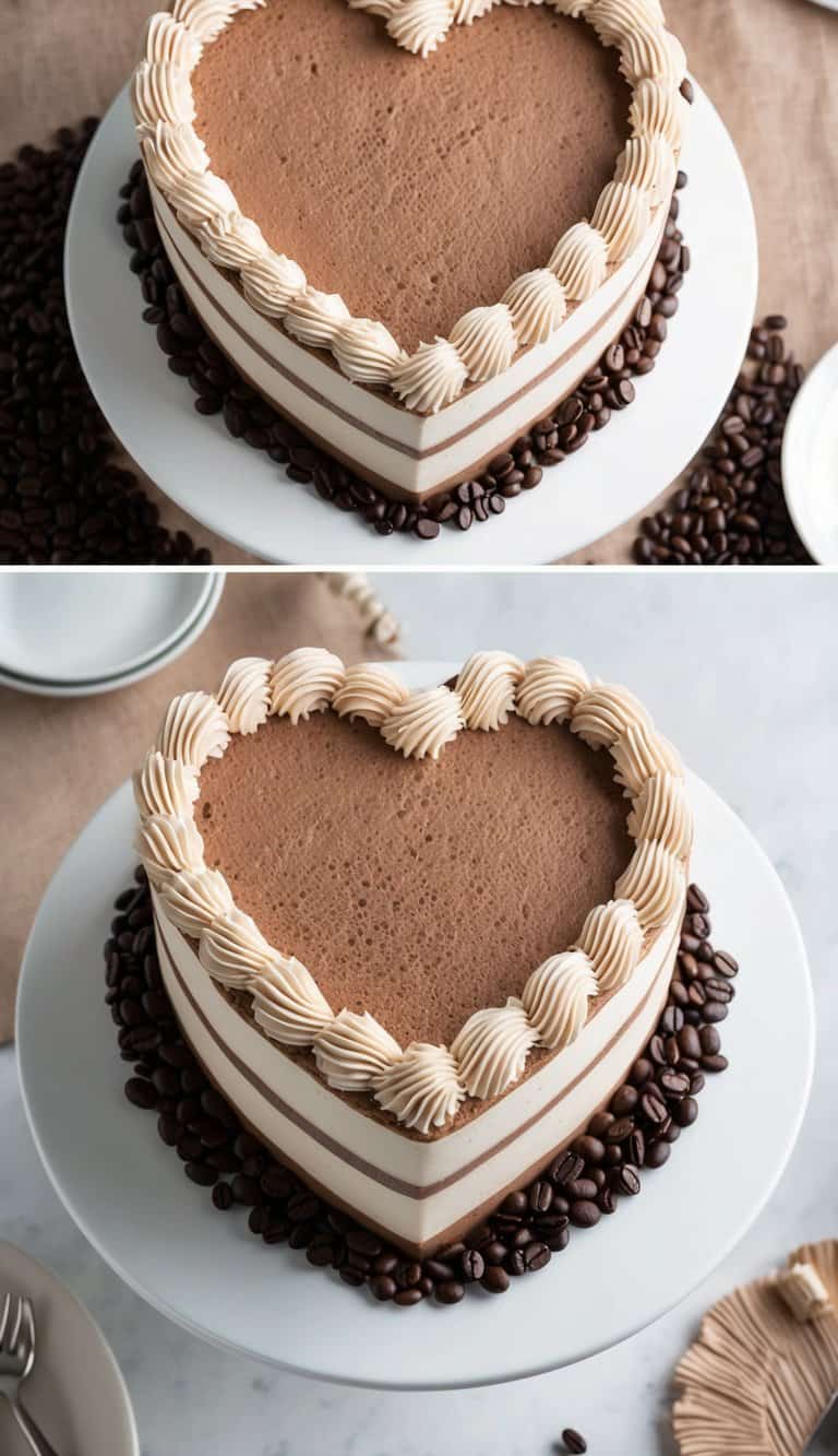 A heart-shaped mocha espresso cake surrounded by coffee beans and decorated with delicate swirls of frosting
