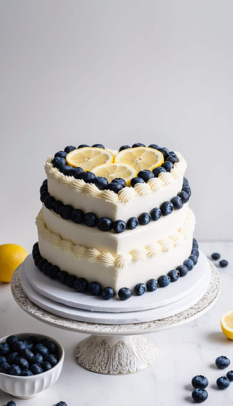A heart-shaped cake adorned with fresh blueberries and lemon slices, sitting on a decorative cake stand