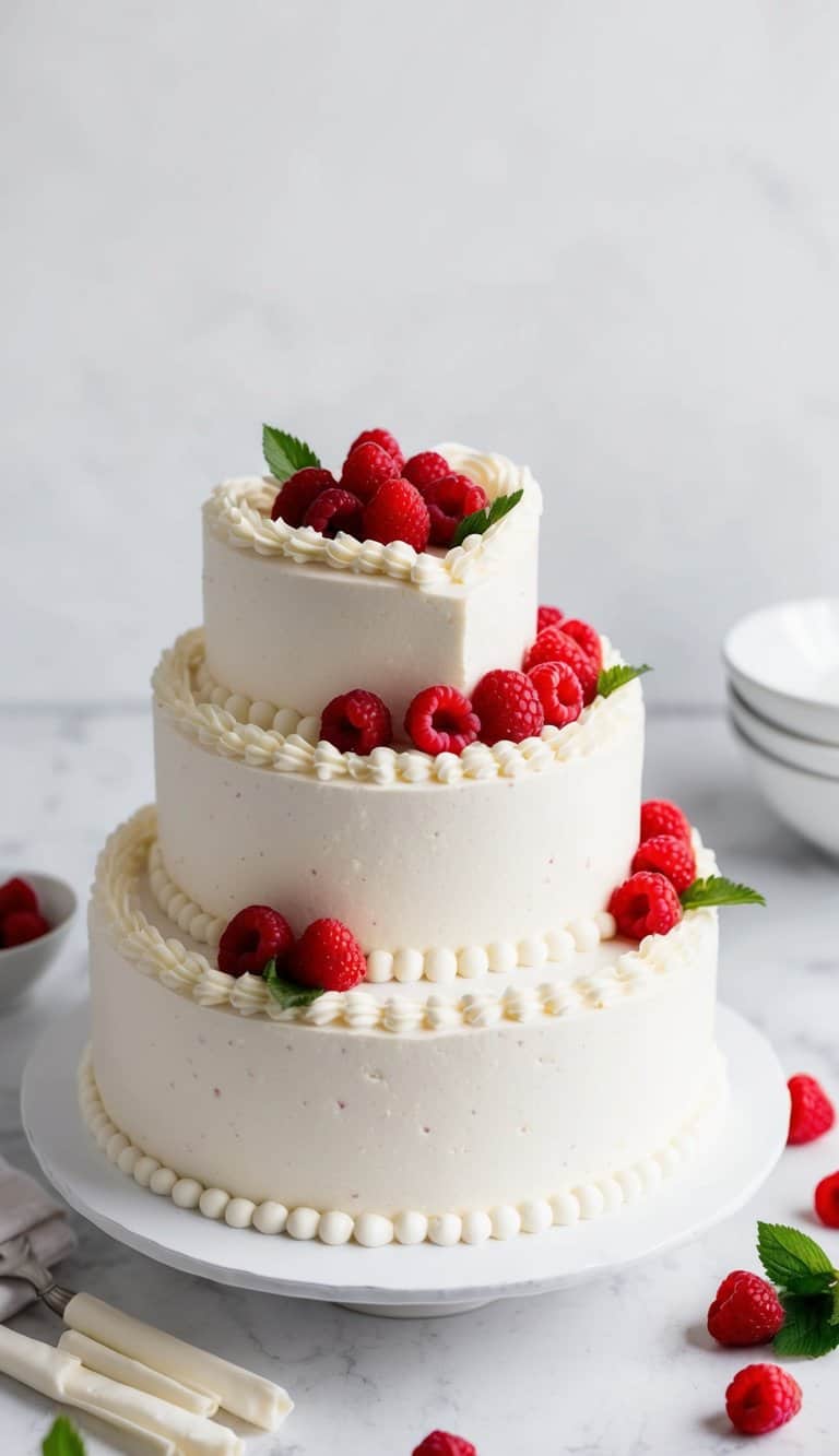 A heart-shaped raspberry cream cake surrounded by fresh raspberries and topped with delicate white frosting