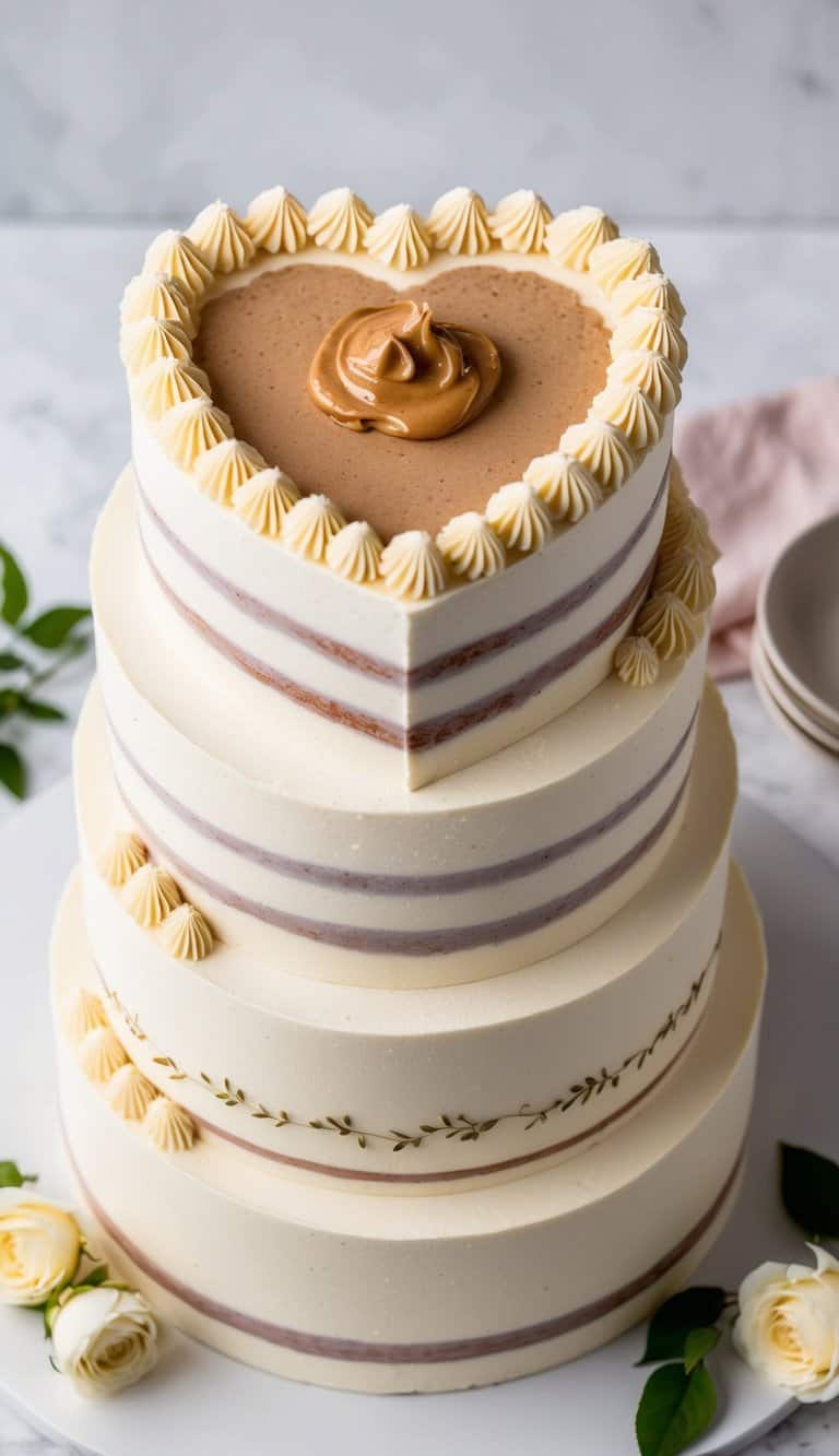 A heart-shaped cake topped with almond butter and surrounded by romantic decorations