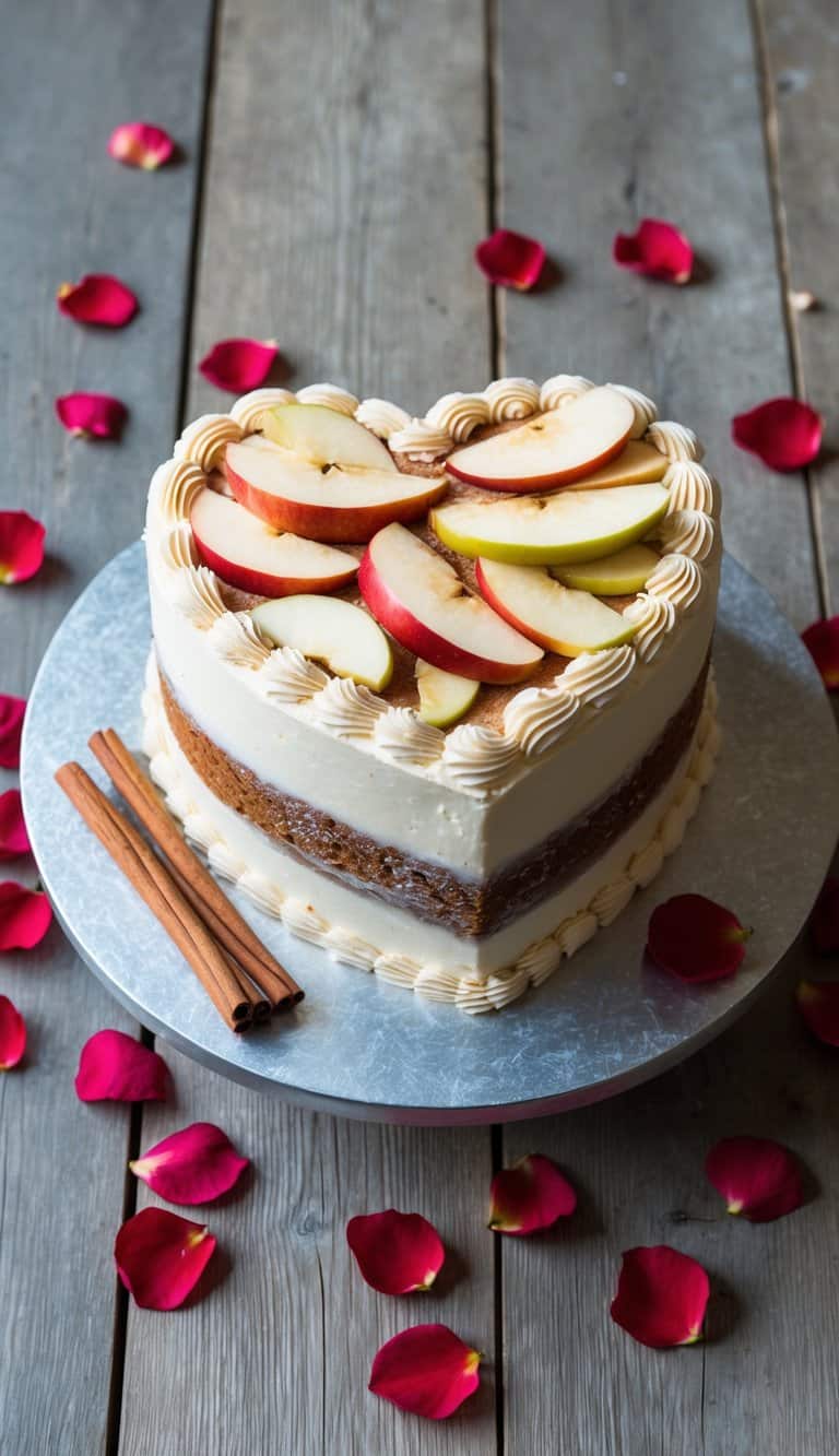 A heart-shaped cake adorned with apple slices and cinnamon sticks sits on a rustic wooden table, surrounded by scattered red rose petals