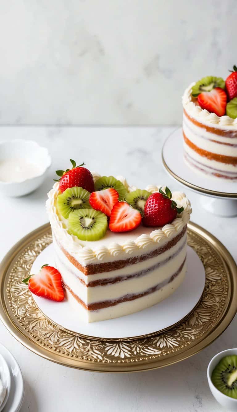 A heart-shaped cake adorned with strawberries and kiwi slices on a decorative platter