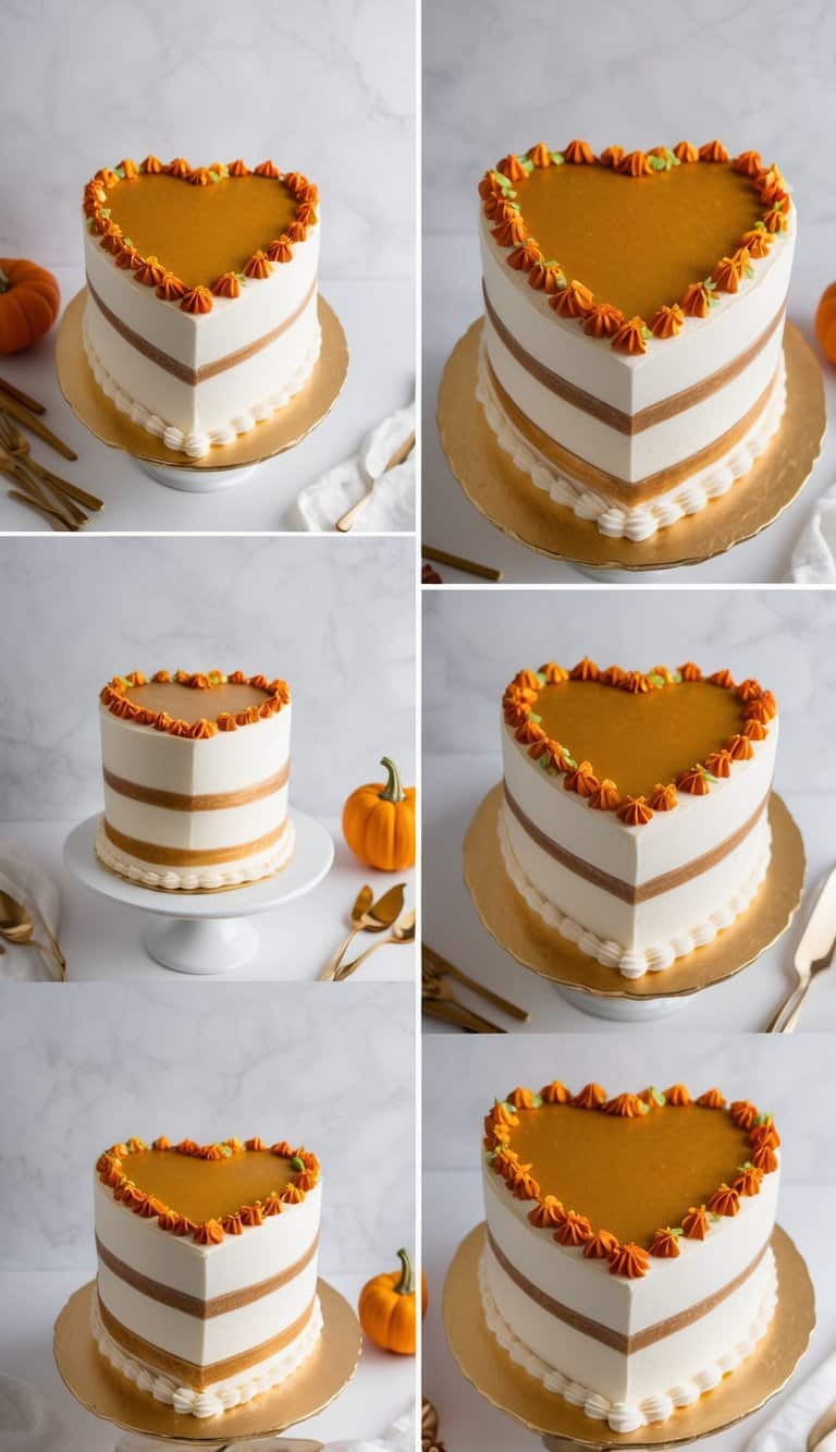 A heart-shaped cake adorned with pumpkin spice icing and decorative accents
