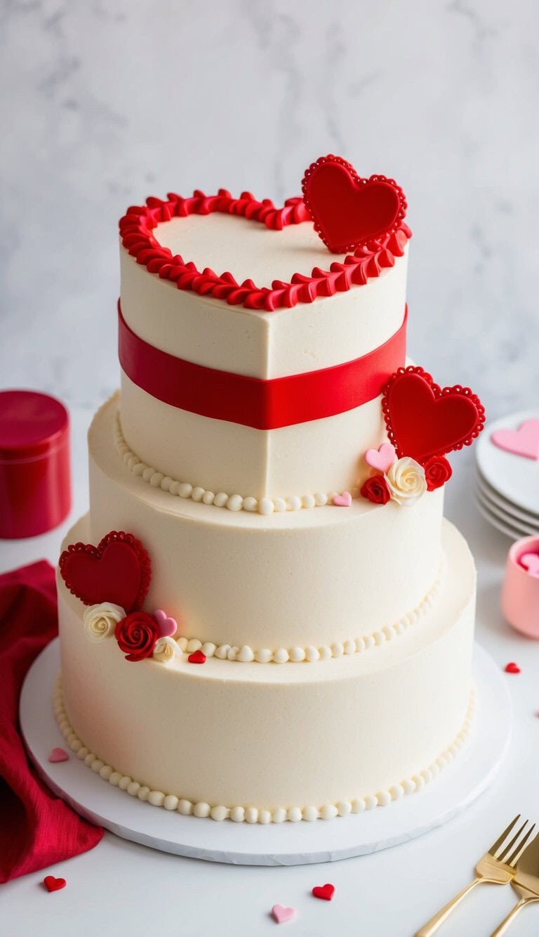 A three-tiered white cake decorated with red heart toppers, red ribbon, small white and pink roses, and pearl-like borders, set on a white surface with heart-shaped confetti and gold utensils nearby.