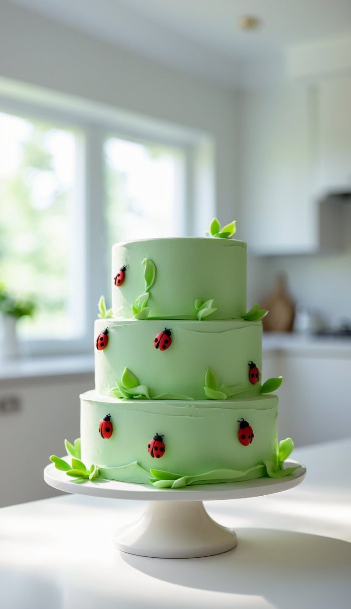 A three-tiered green cake decorated with small edible ladybugs and green leaves sits on a white cake stand in a bright, modern kitchen.