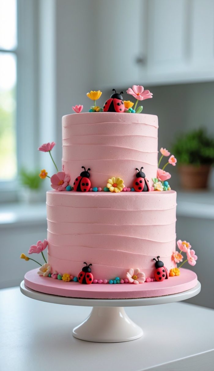 A two-tiered pink cake decorated with small fondant ladybugs and colorful flowers, displayed on a white cake stand in a bright kitchen.