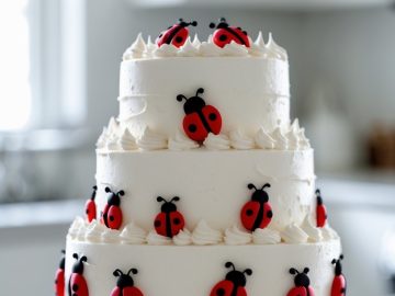 A three-tiered white cake decorated with small red and black ladybug designs, displayed on a white cake stand in a bright, modern kitchen.