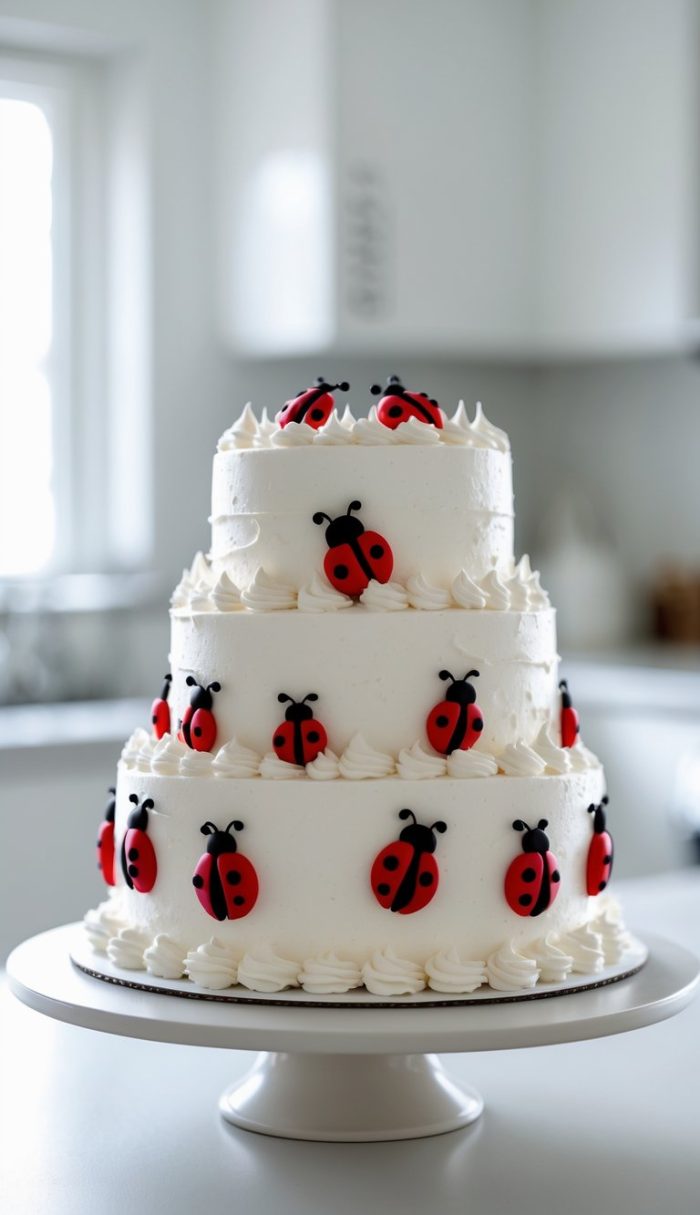 A three-tiered white cake decorated with small red and black ladybug designs, displayed on a white cake stand in a bright, modern kitchen.
