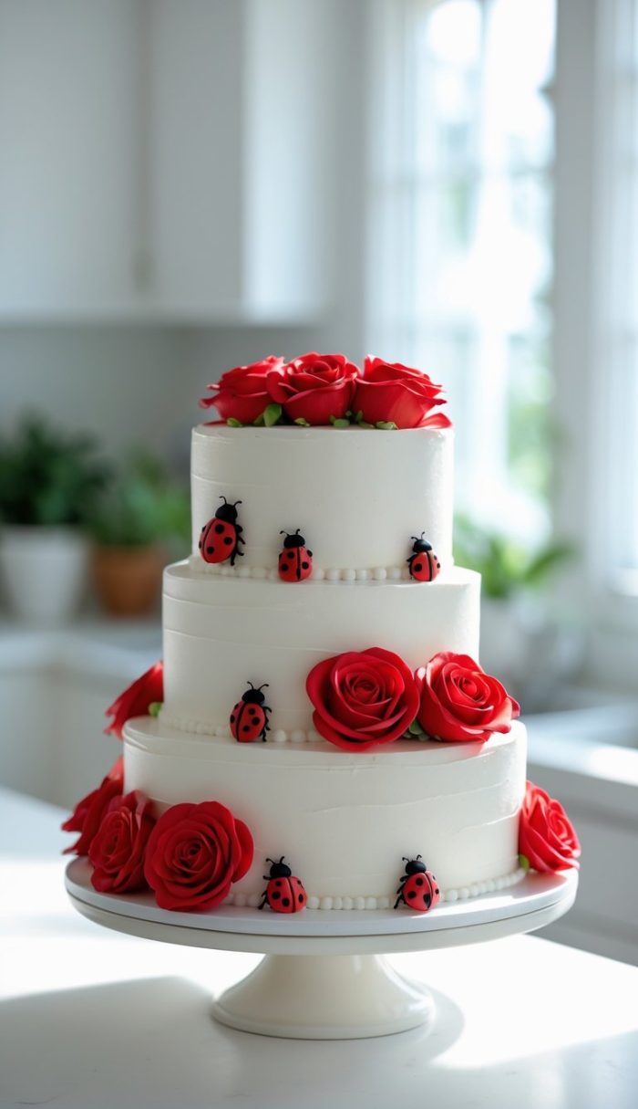 A three-tiered white cake decorated with red roses, edible pearls, and small fondant ladybugs, displayed on a white cake stand in a bright kitchen setting.