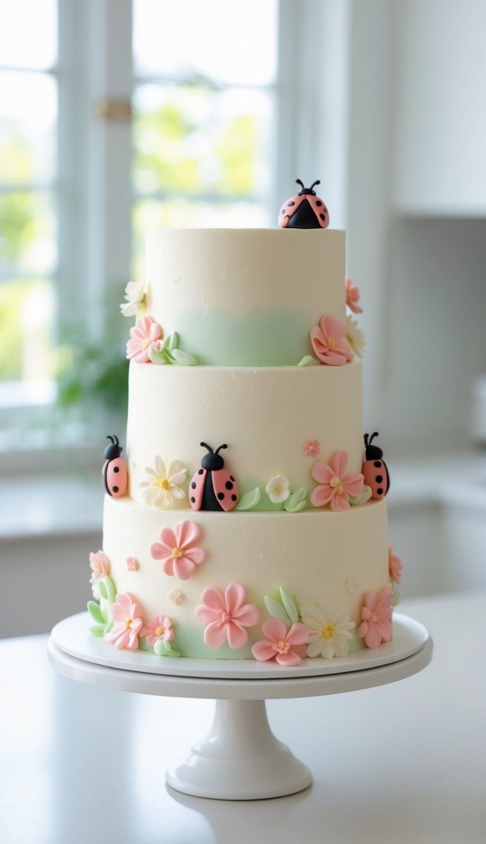 A three-tiered white cake decorated with pastel pink and white flowers and fondant ladybugs, displayed on a white cake stand in a bright, airy kitchen.