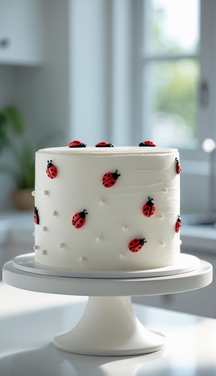 A white frosted cake decorated with small red and black ladybug designs and piped dots, displayed on a white cake stand in a bright kitchen.
