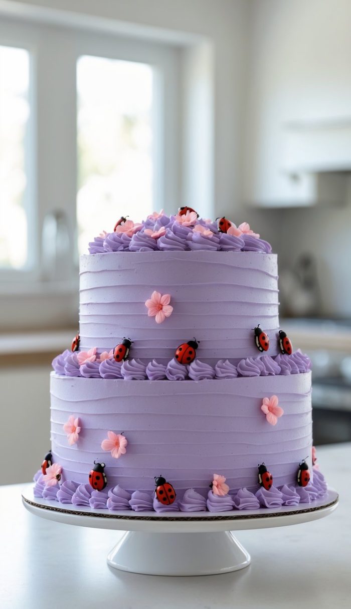 A two-tiered cake with smooth lavender frosting, decorated with pink icing flowers and small red and black ladybug decorations, sits on a white cake stand in a bright kitchen.