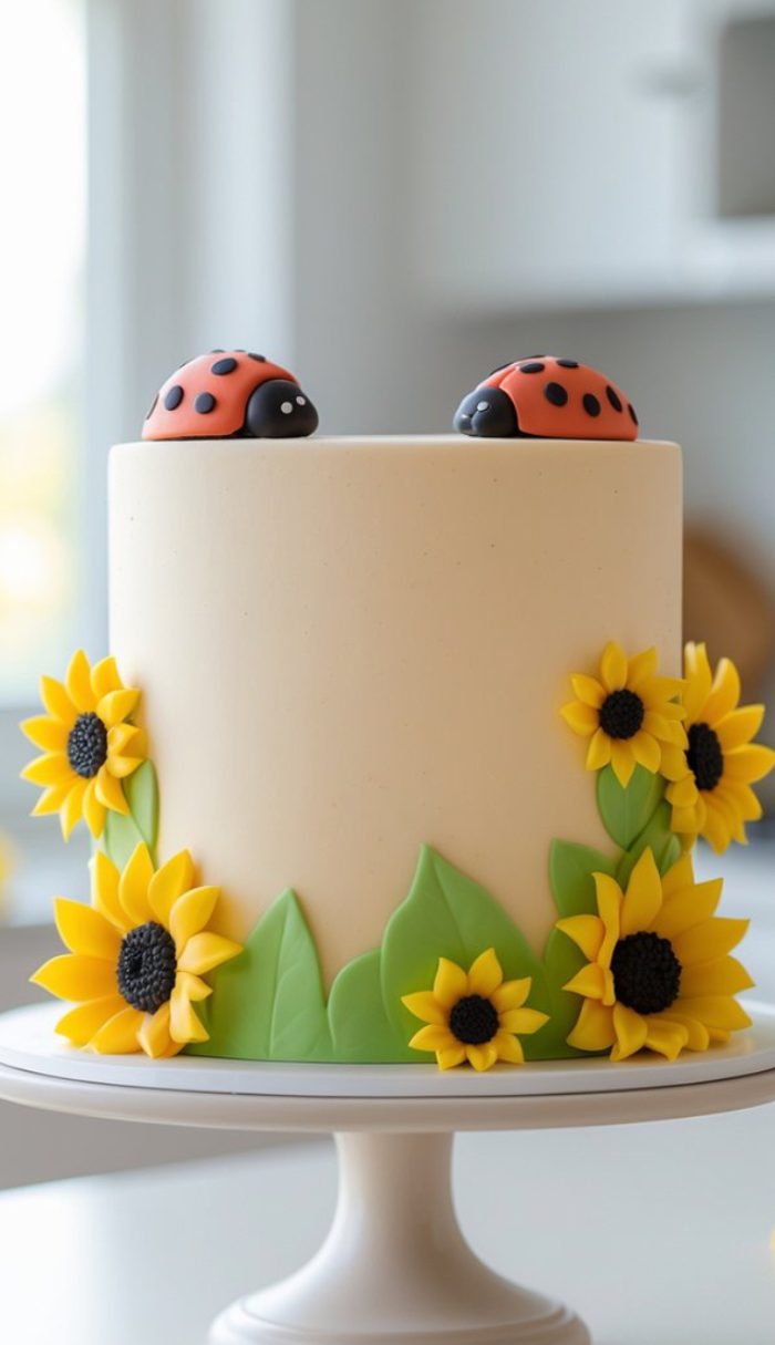 A white frosted cake decorated with yellow fondant sunflowers, green leaves, and two fondant ladybugs on top, displayed on a white cake stand in a bright room.