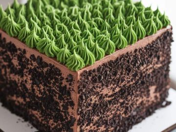 Square chocolate cake with green frosting swirls on top, resembling grass. The cake's sides are covered with chocolate crumbles, creating a textured appearance. It's displayed on a flat surface with a blurred light background.
