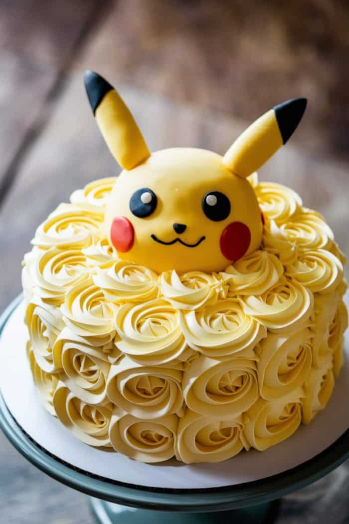 A round cake decorated with yellow icing rosettes and topped with a fondant Pikachu head, featuring large eyes, red cheeks, and pointy ears. The cake sits on a white cake stand with a wooden background.
