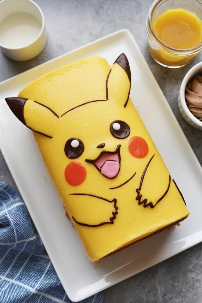 A rectangular cake decorated to look like Pikachu, with a yellow surface, brown-tipped ears, big eyes, a smiling mouth, and red cheeks. It's on a white plate, surrounded by small bowls and a blue cloth on a gray background.