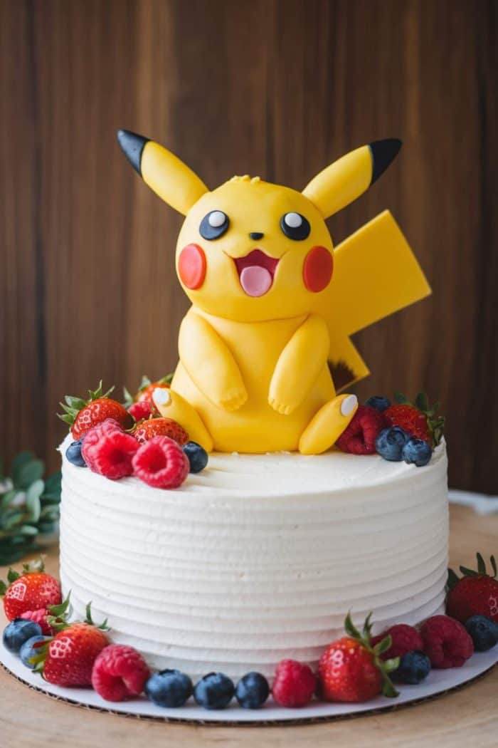 A white frosted cake decorated with a variety of berries, including strawberries, blueberries, and raspberries. On top is a fondant figure of a yellow cartoon character with large eyes and ears, sitting and smiling.