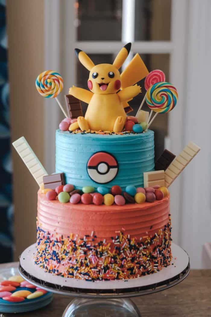 A two-tiered cake with a Pikachu figure on top. The top layer is blue with colorful lollipops and chocolates, the bottom layer is pink with rainbow sprinkles and candies. A Poké Ball decorates the front of the cake.