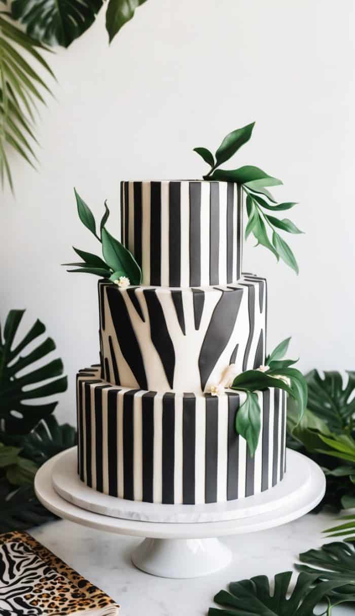 A three-tiered cake with black and white zebra stripes, decorated with green leaves, sits on a white cake stand. The background features tropical leaves, enhancing the jungle theme.