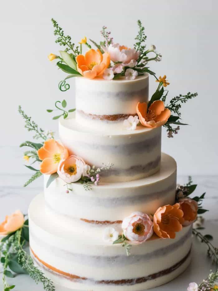 A three-tier semi-naked wedding cake decorated with orange and white flowers and greenery, displayed on a white background.