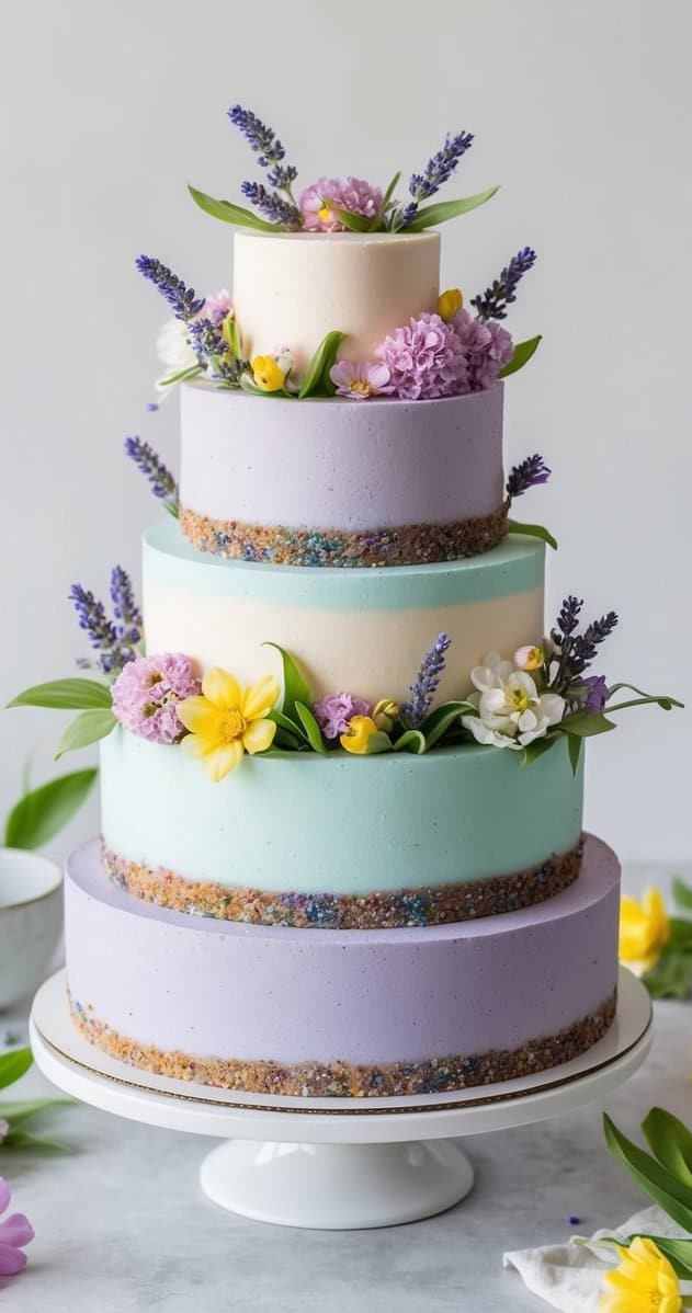 A four-tiered pastel-colored cake adorned with fresh flowers including purple lavender, yellow daffodils, and lilac blooms. Each tier is a different soft color, with speckled textured edges, placed on a white cake stand.