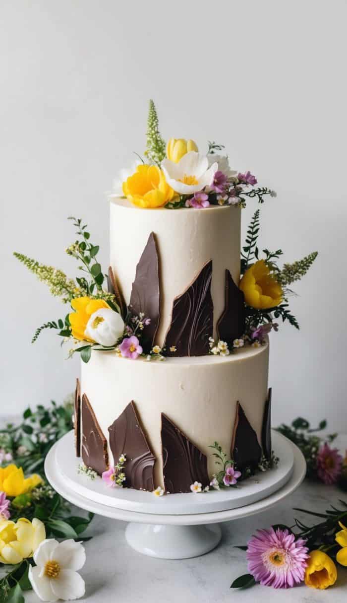 A two-tiered cake with white frosting, adorned with chocolate shards and fresh yellow, white, and pink flowers. The cake sits on a white stand, with additional flowers scattered around the base on a light surface.