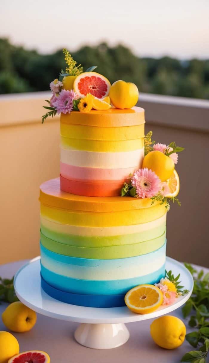 A vibrant multi-tiered cake with rainbow gradient frosting from blue to orange, topped with pink flowers, yellow lemons, and red citrus slices, displayed outdoors on a white stand surrounded by greenery.