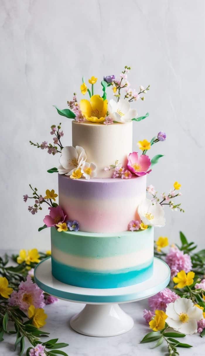 A three-tiered cake with pastel gradient layers of blue, purple, and pink. It's elegantly decorated with vibrant sugar flowers in yellow, white, and pink, displayed on a white cake stand. Surrounded by flowers and green leaves on the table.