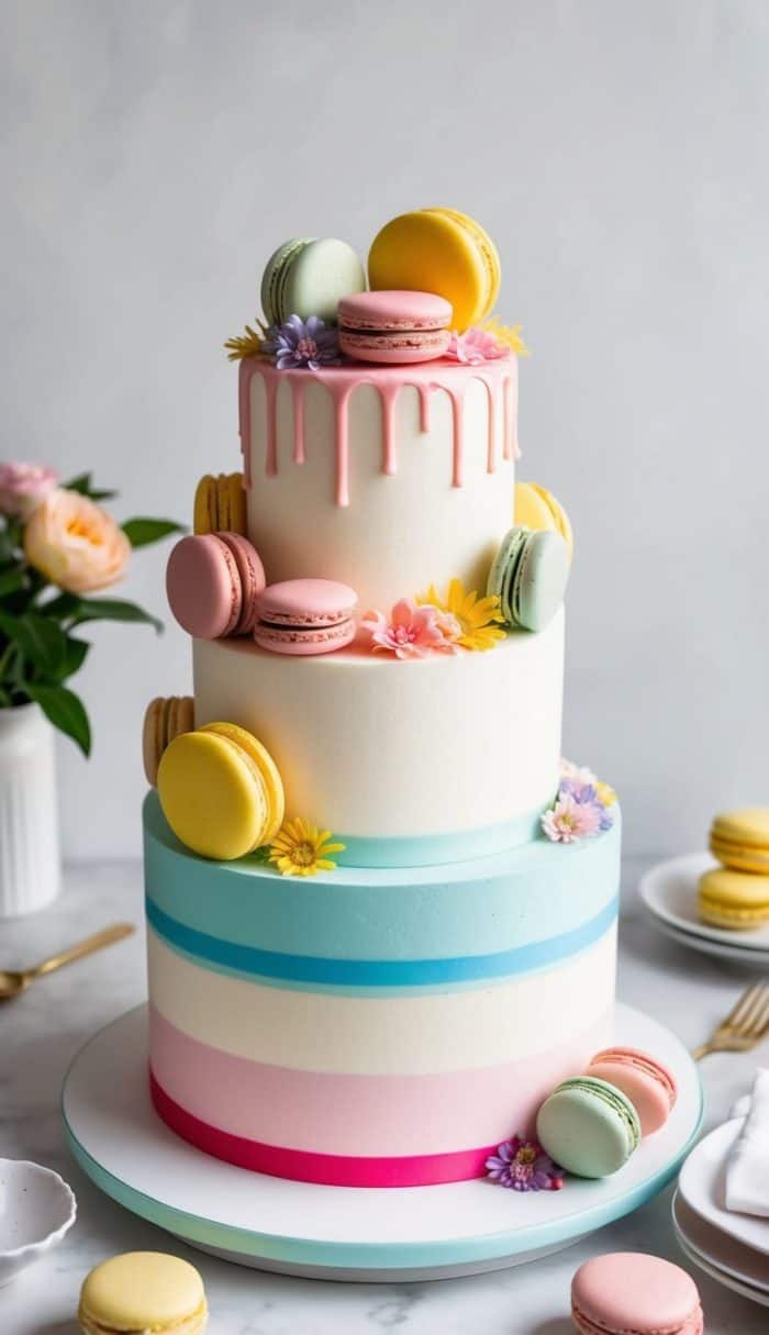 A three-tiered cake decorated with pastel stripes and dripping icing, topped with colorful macarons and flowers. A vase of flowers is in the background, alongside plates with more macarons.