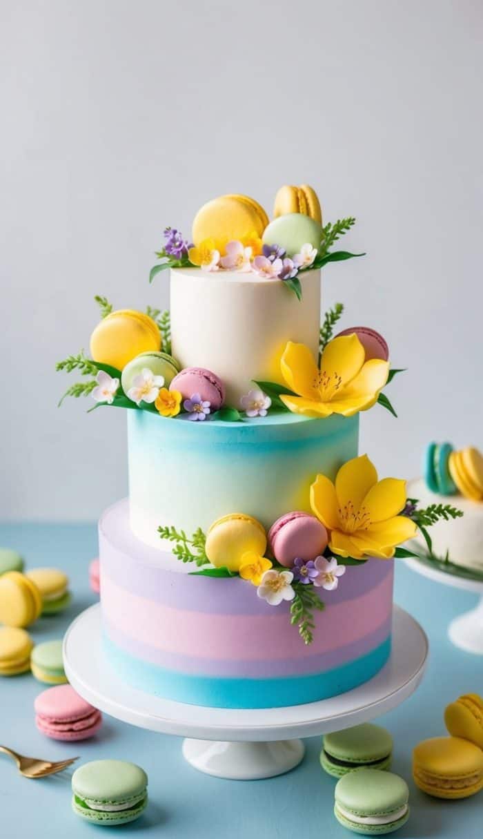 A three-tier cake with pastel ombre layers in shades of pink, blue, and purple. Decorated with yellow flowers, green leaves, and various colored macarons. More macarons are scattered on the table around the cake.
