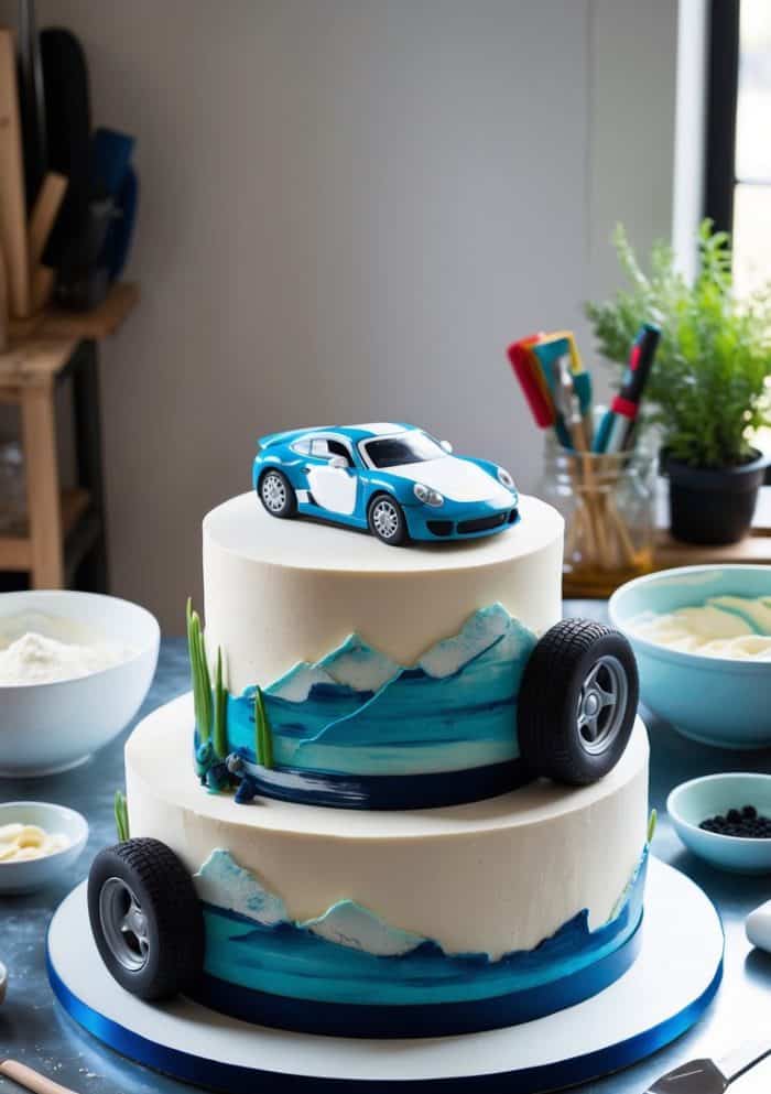 A two-tiered cake decorated with blue and white frosting, featuring a toy sports car on top. The cake is adorned with edible car wheels and mountain designs. Baking utensils and ingredients are visible in the background.