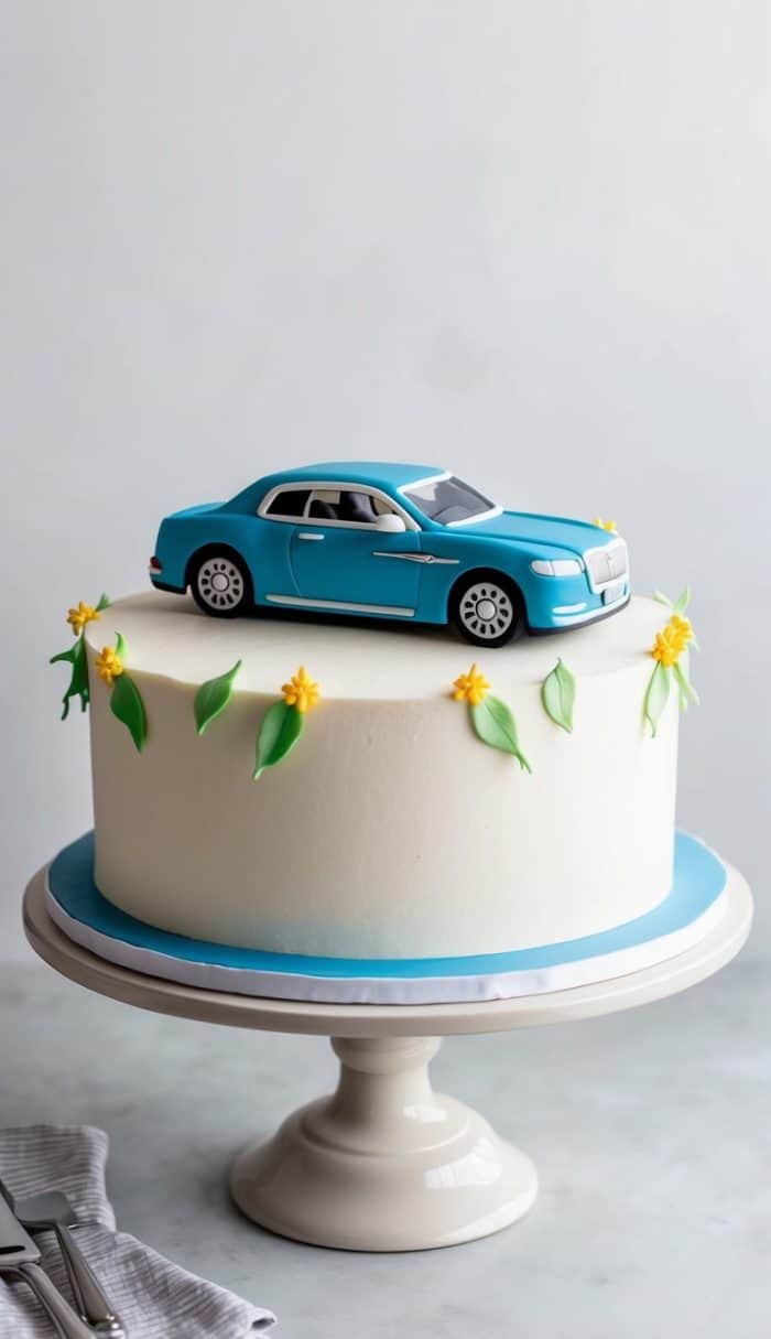 A white frosted cake on a stand, decorated with small yellow flowers and green leaves. Topped with a blue toy car.